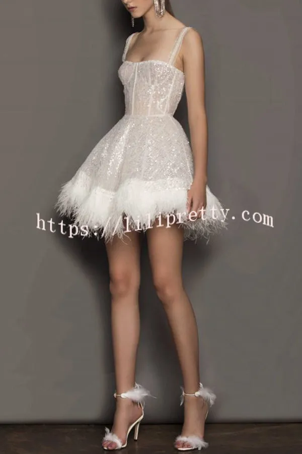 Strap Feather Sequin High Waist Zip Mini Dress