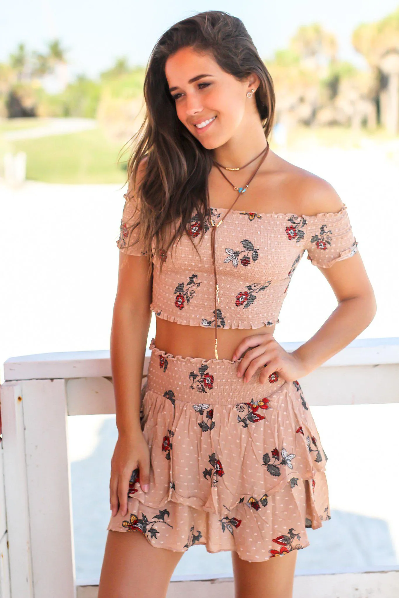 Taupe Floral Top and Skirt Set