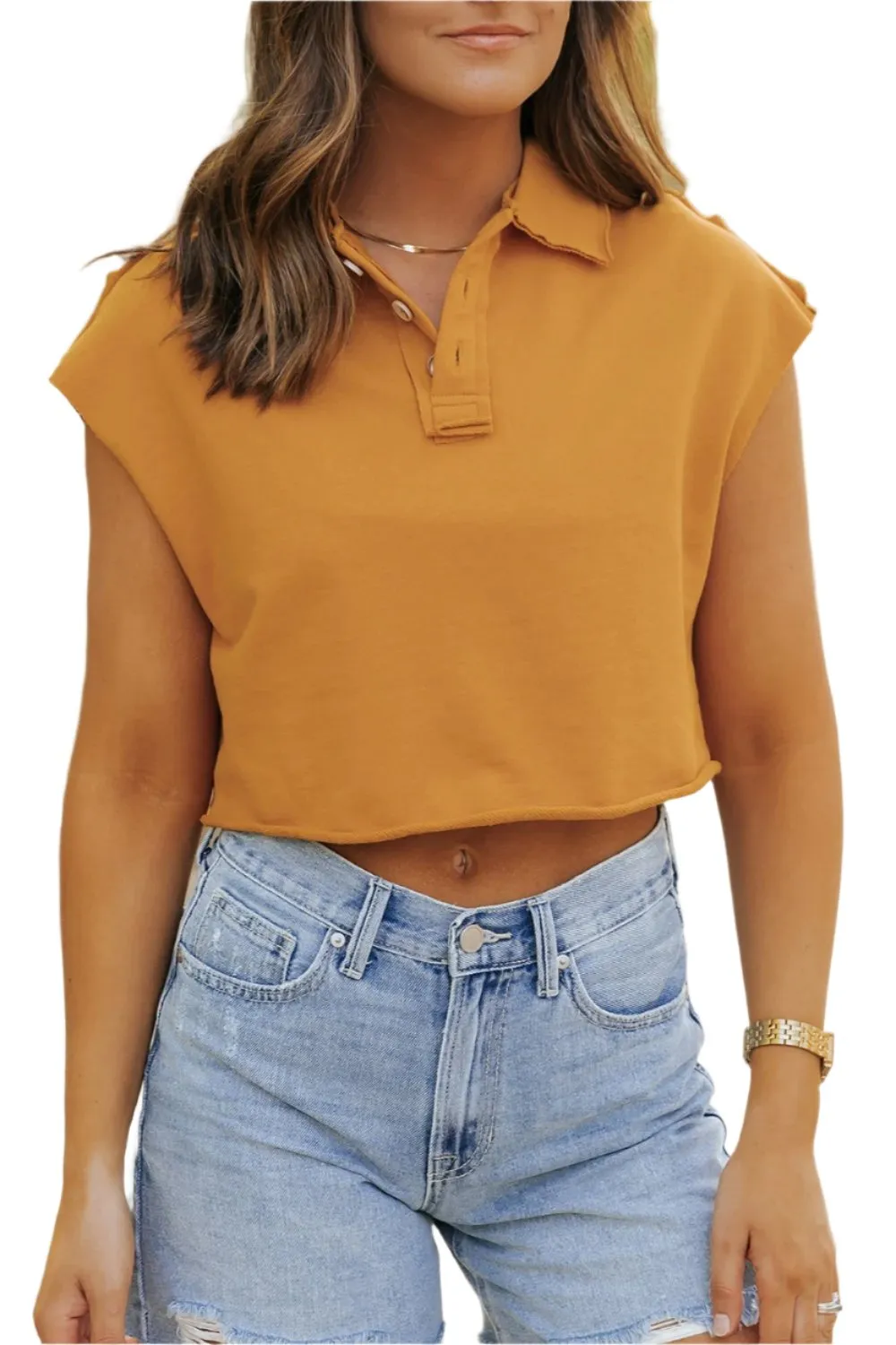 TEEK - Mustard Collared Neck Cap Sleeve T-Shirt