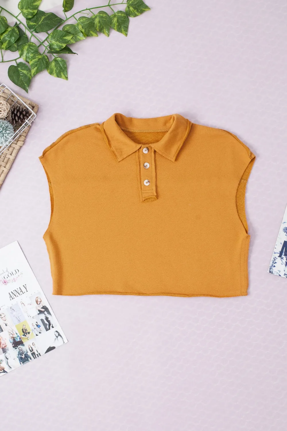 TEEK - Mustard Collared Neck Cap Sleeve T-Shirt