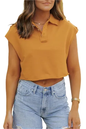 TEEK - Mustard Collared Neck Cap Sleeve T-Shirt