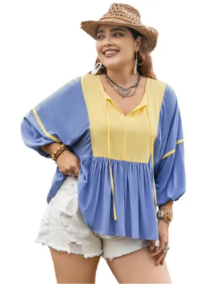 TEEK - Plus Size Light Blue Ruched Tie Neck Balloon Sleeve Blouse