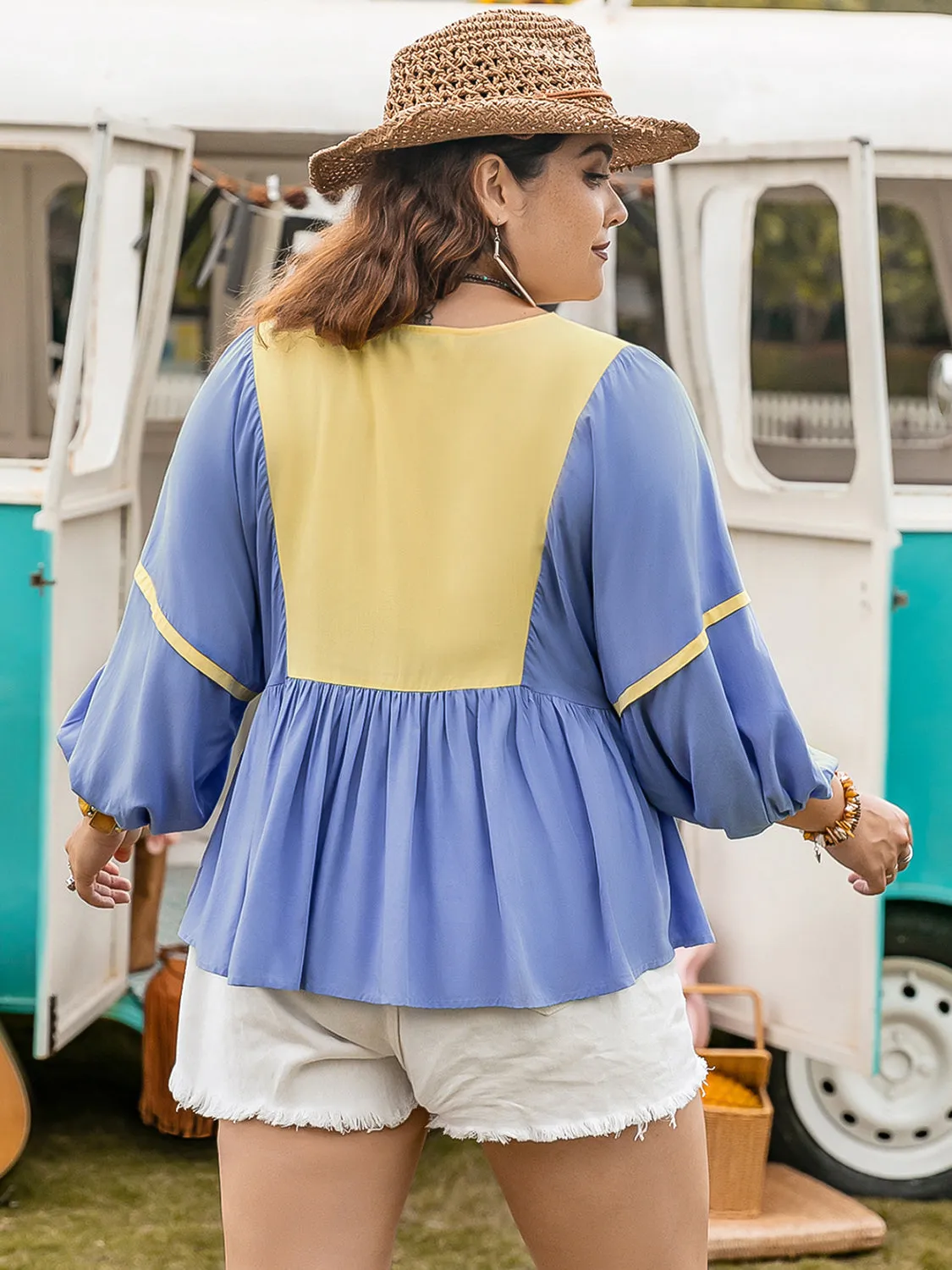 TEEK - Plus Size Light Blue Ruched Tie Neck Balloon Sleeve Blouse