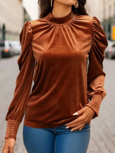 TEEK - Tied Mock Neck Puff Sleeve Blouse