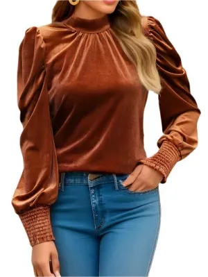 TEEK - Tied Mock Neck Puff Sleeve Blouse