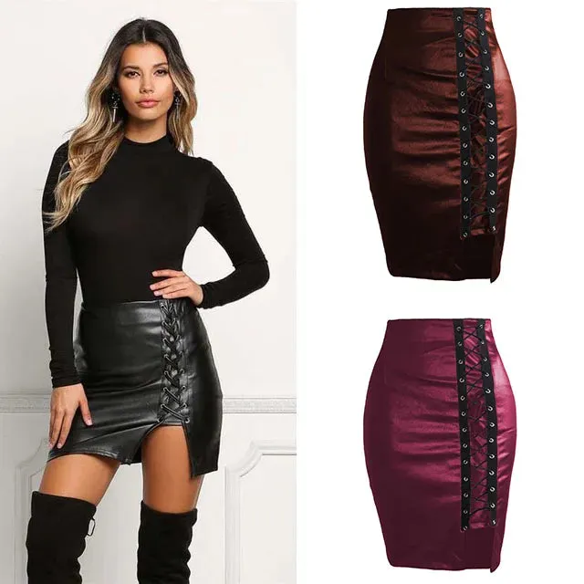 Toleet-Spring Summer Women Side Split Pencil Skirts Black Lace Up PU Leather Skirts Vintage Bodycon High Waist Mini Skirt