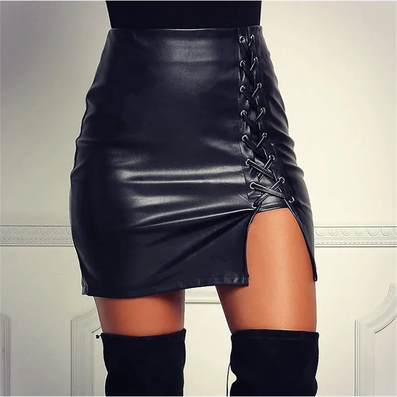 Toleet-Spring Summer Women Side Split Pencil Skirts Black Lace Up PU Leather Skirts Vintage Bodycon High Waist Mini Skirt