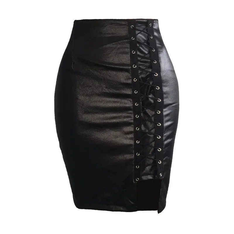 Toleet-Spring Summer Women Side Split Pencil Skirts Black Lace Up PU Leather Skirts Vintage Bodycon High Waist Mini Skirt