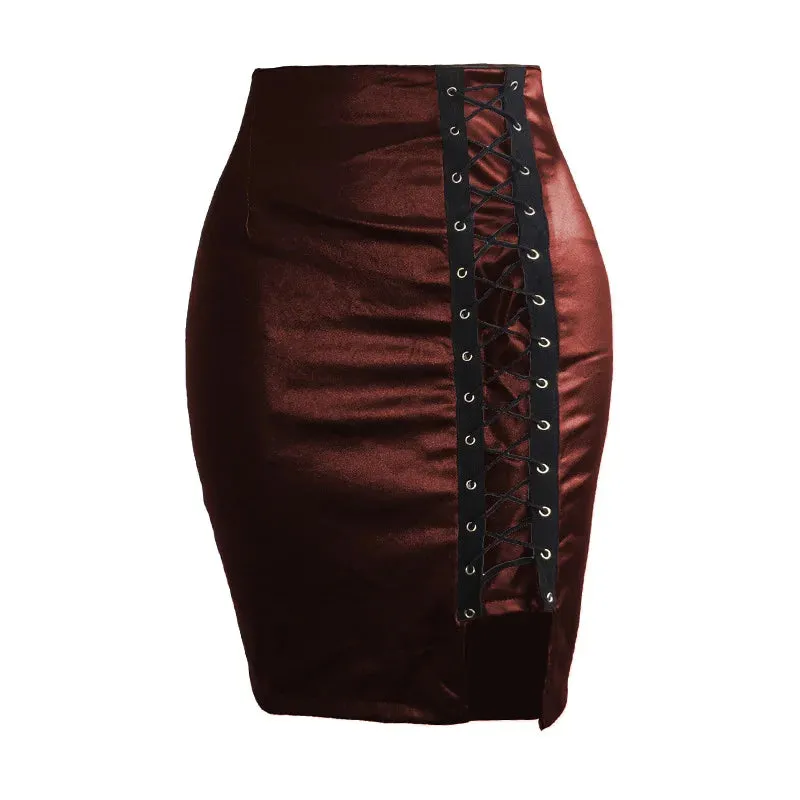 Toleet-Spring Summer Women Side Split Pencil Skirts Black Lace Up PU Leather Skirts Vintage Bodycon High Waist Mini Skirt