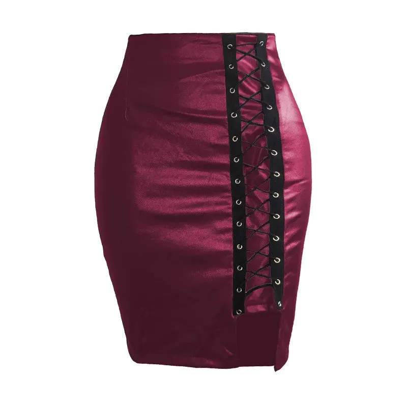 Toleet-Spring Summer Women Side Split Pencil Skirts Black Lace Up PU Leather Skirts Vintage Bodycon High Waist Mini Skirt