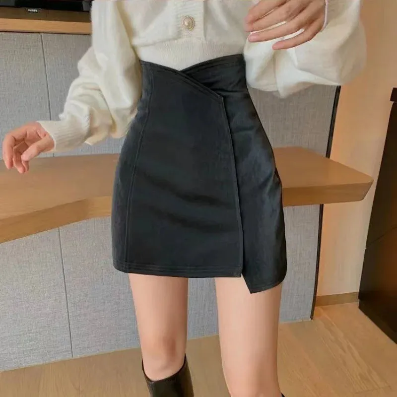 Toleet-Women Stylish PU Leather White Zipper Patchwork Skirt High Waist Skirt Korean Solid Color Short Sexy Bodycon Skirts Mini Bottom