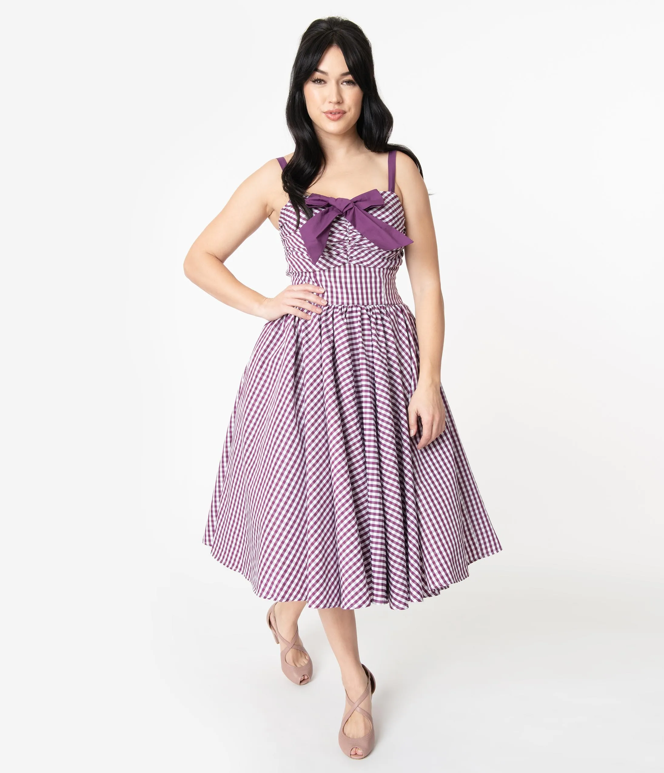 Unique Vintage 1950s Purple Gingham Golightly Swing Dress