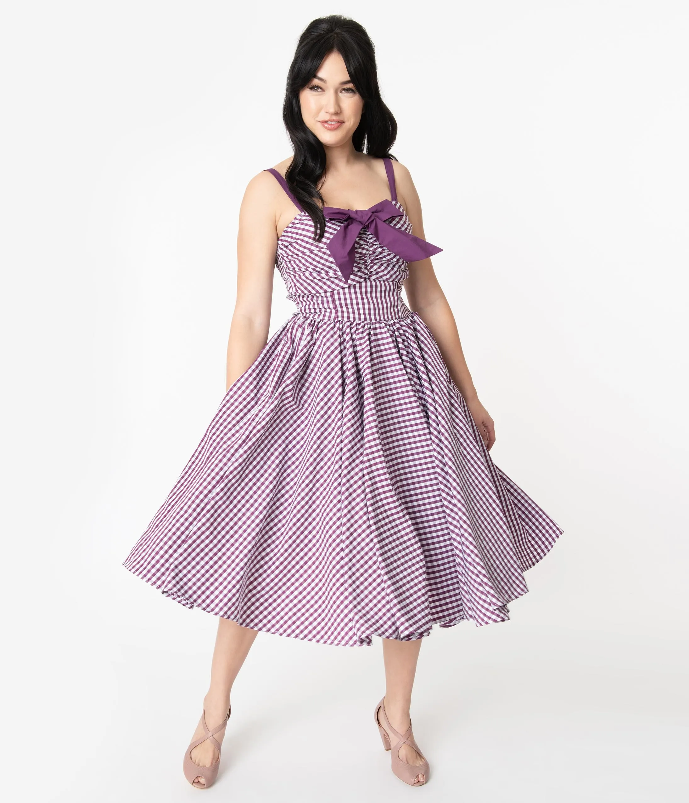 Unique Vintage 1950s Purple Gingham Golightly Swing Dress