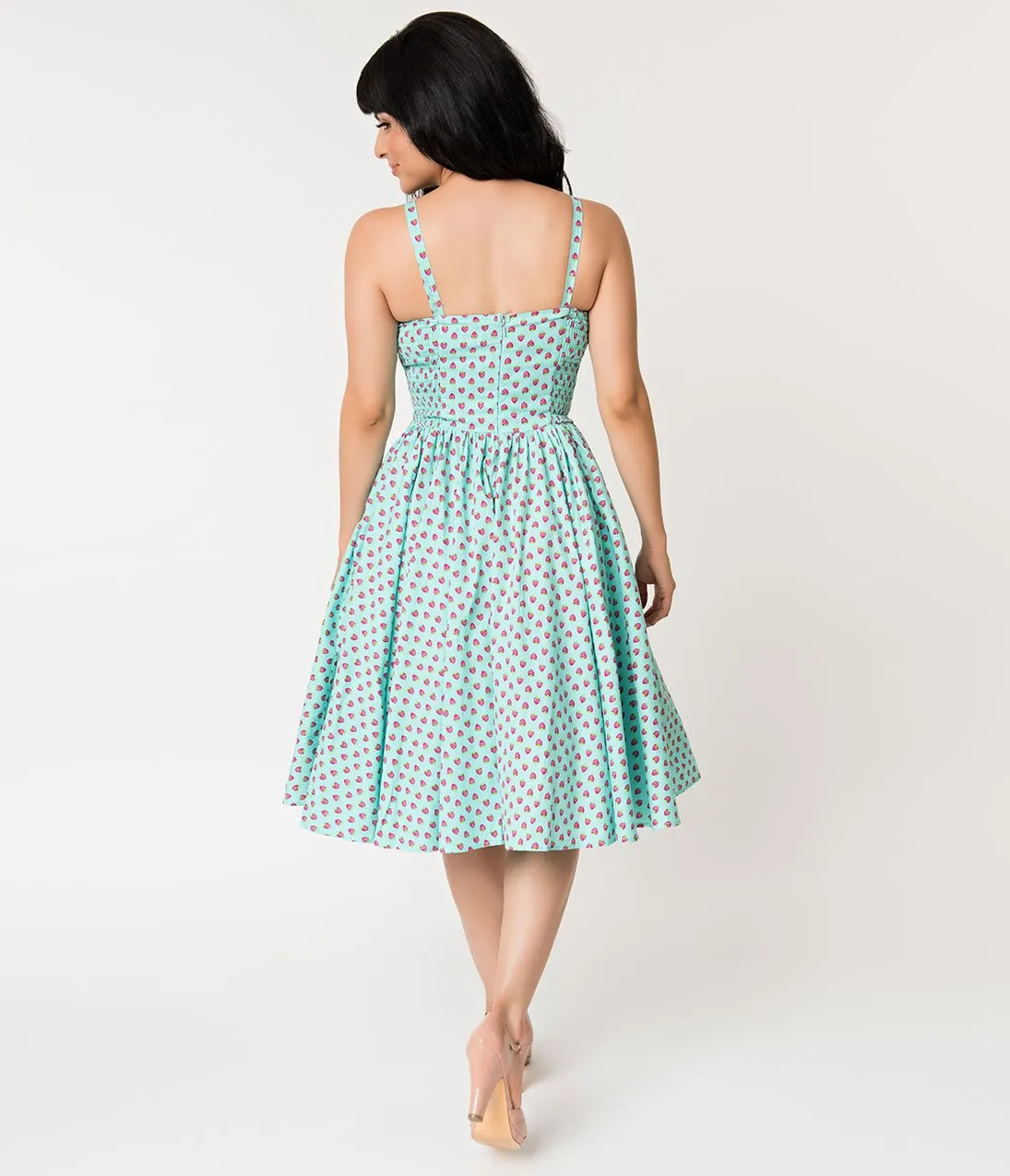 Unique Vintage 1950s Turquoise Blue & Pink Strawberry Print Golightly Swing Dress