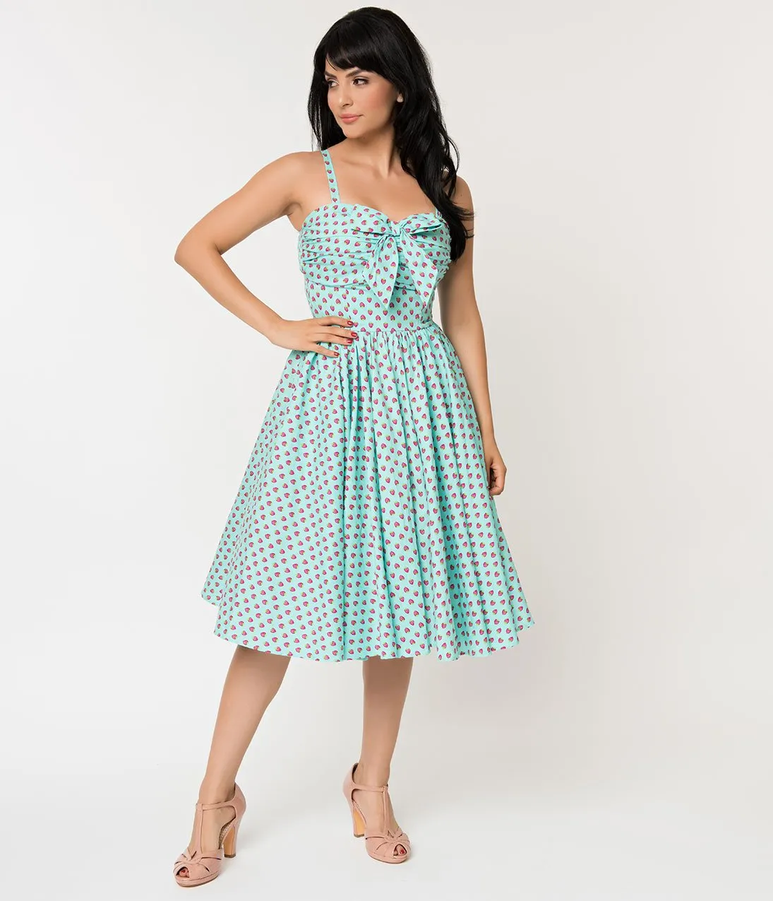 Unique Vintage 1950s Turquoise Blue & Pink Strawberry Print Golightly Swing Dress