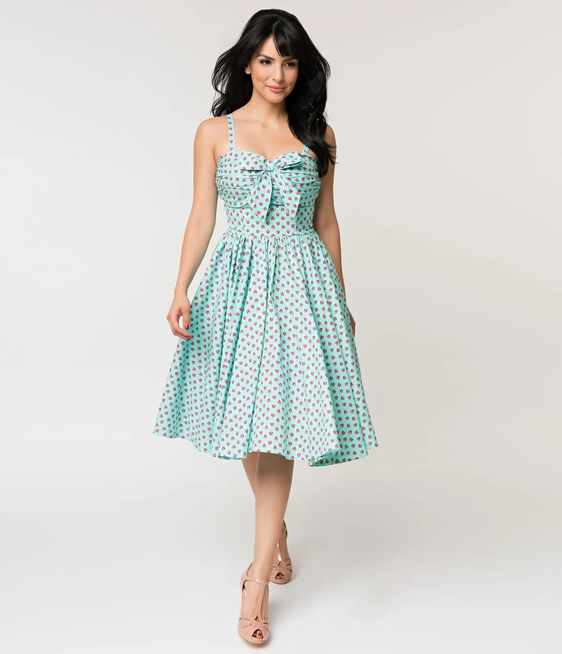 Unique Vintage 1950s Turquoise Blue & Pink Strawberry Print Golightly Swing Dress