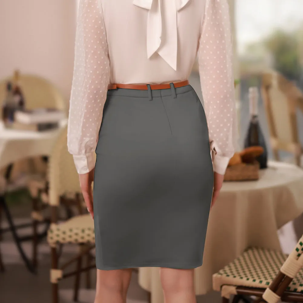 Vintage High Waist Front Slit Knee Length Ruched Pencil Skirt with Belt