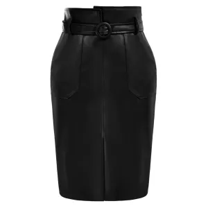 Vintage PU Leather Skirt with Belt High Waist Front Slit Bodycon Skirt=