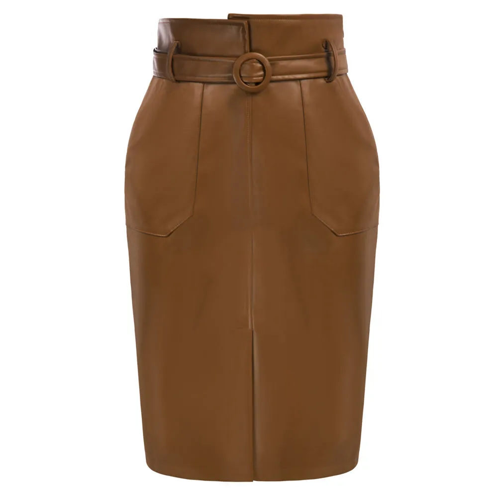 Vintage PU Leather Skirt with Belt High Waist Front Slit Bodycon Skirt=