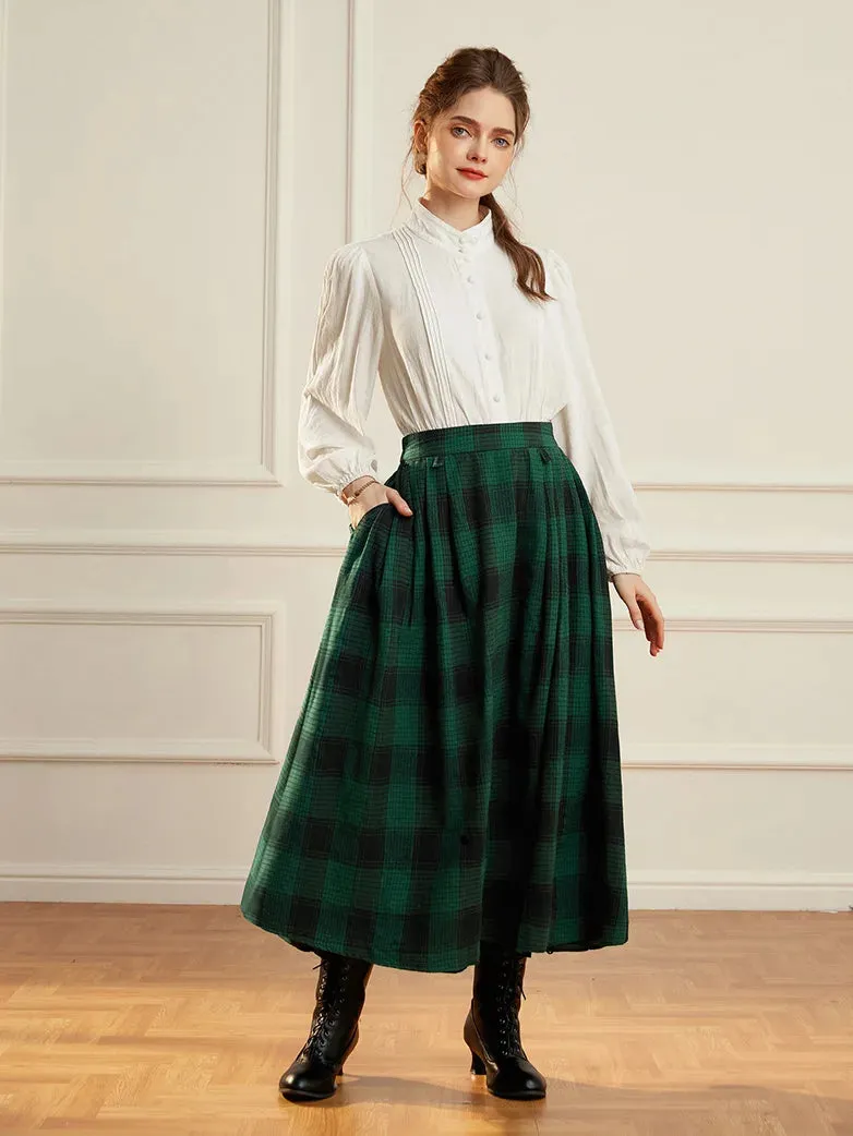 Women Plaided Buckle up Flared Swing Maxi Skirt