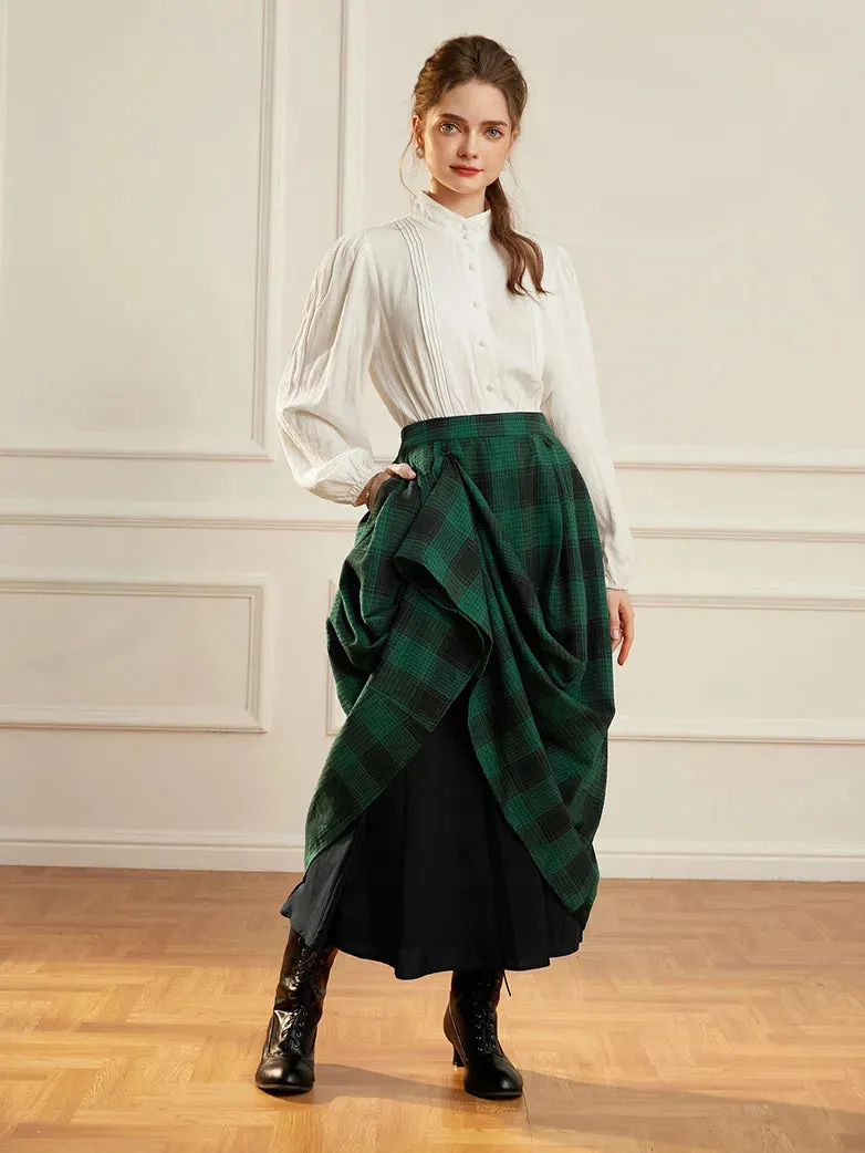 Women Plaided Buckle up Flared Swing Maxi Skirt