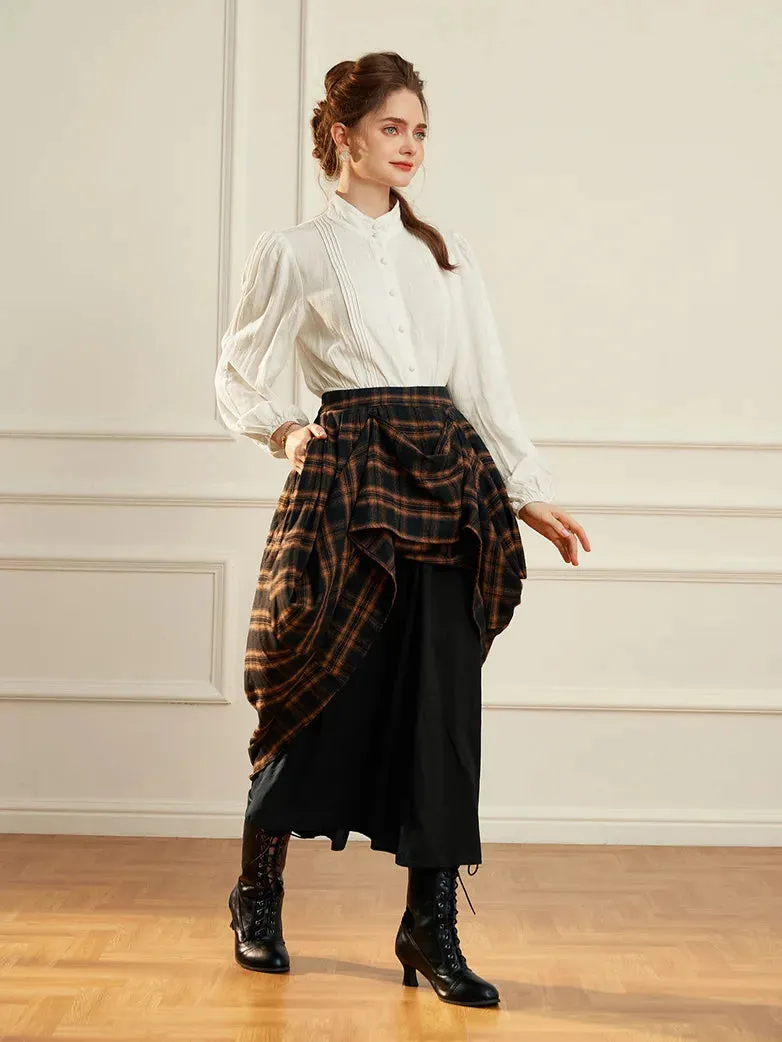 Women Plaided Buckle up Flared Swing Maxi Skirt