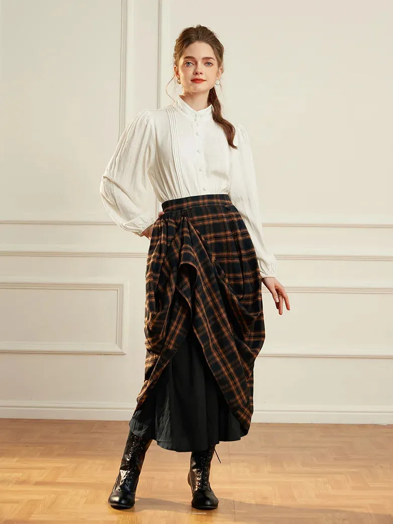 Women Plaided Buckle up Flared Swing Maxi Skirt