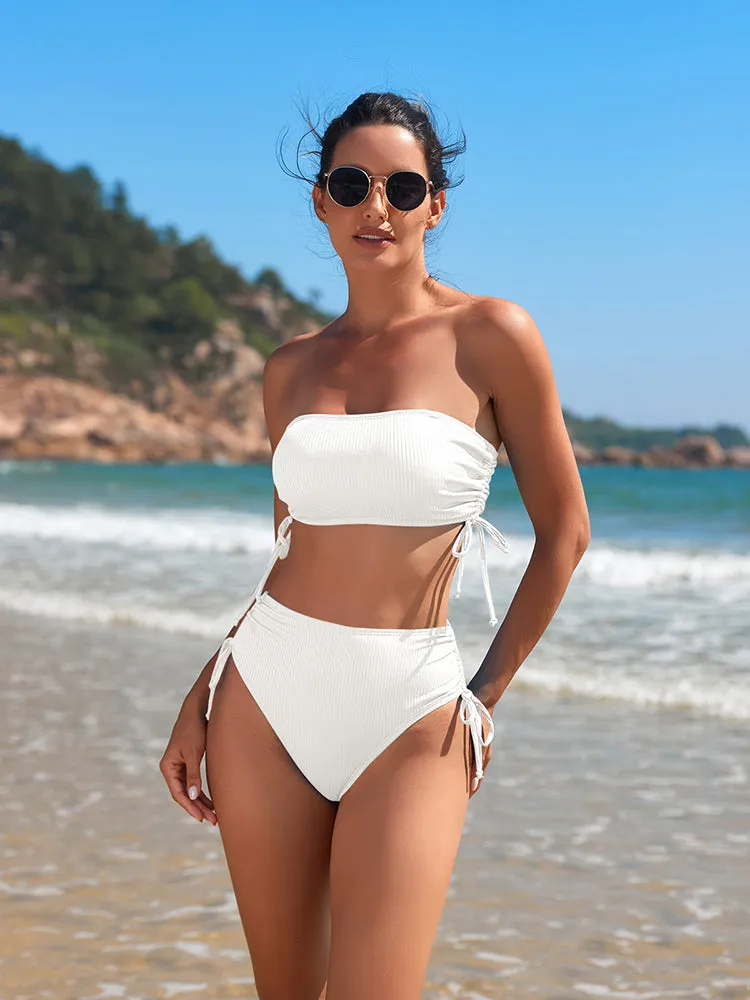 Women's 2 Piece Bikini Sets Ribbed Bandeau Ruched Drawstring Swimsuit Bathing Suit