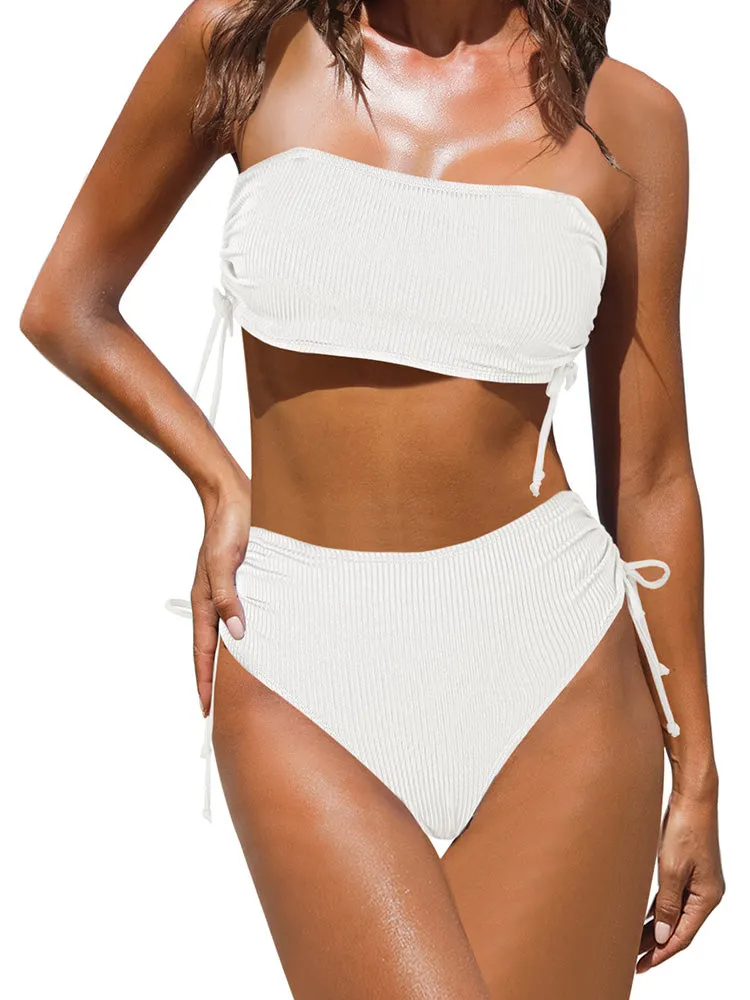 Women's 2 Piece Bikini Sets Ribbed Bandeau Ruched Drawstring Swimsuit Bathing Suit