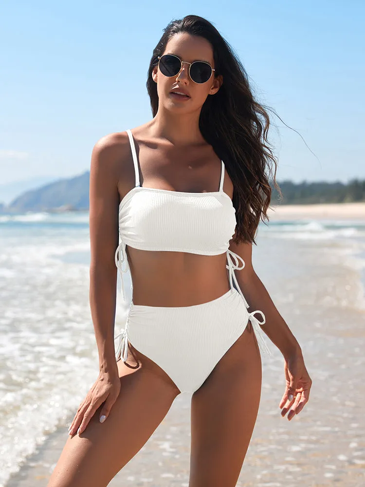 Women's 2 Piece Bikini Sets Ribbed Bandeau Ruched Drawstring Swimsuit Bathing Suit