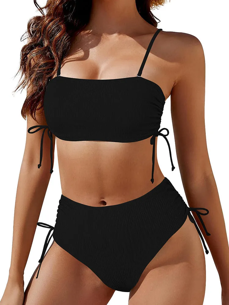 Women's 2 Piece Bikini Sets Ribbed Bandeau Ruched Drawstring Swimsuit Bathing Suit