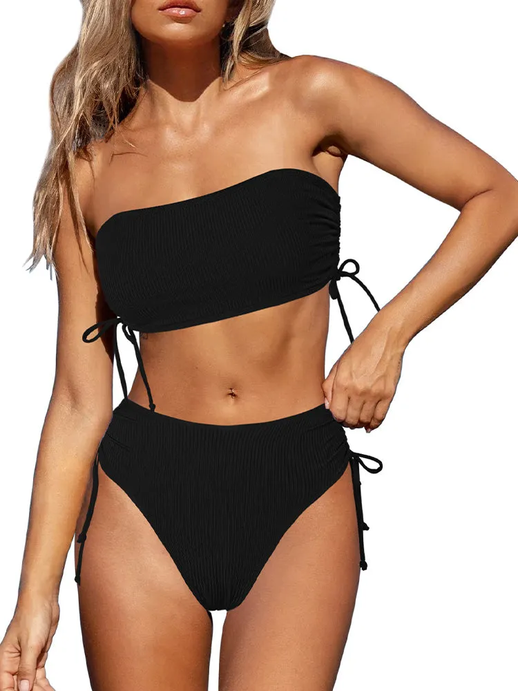 Women's 2 Piece Bikini Sets Ribbed Bandeau Ruched Drawstring Swimsuit Bathing Suit