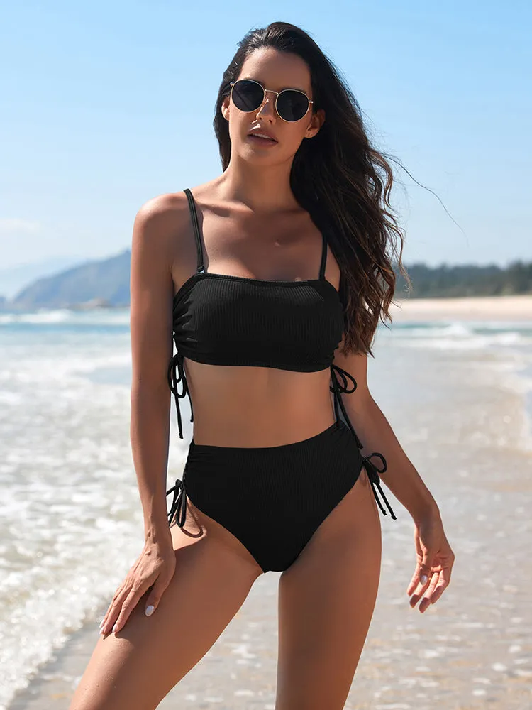 Women's 2 Piece Bikini Sets Ribbed Bandeau Ruched Drawstring Swimsuit Bathing Suit