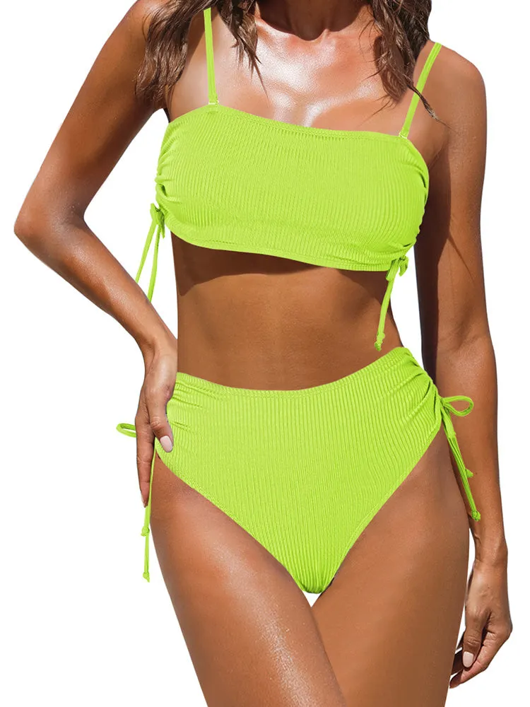 Women's 2 Piece Bikini Sets Ribbed Bandeau Ruched Drawstring Swimsuit Bathing Suit