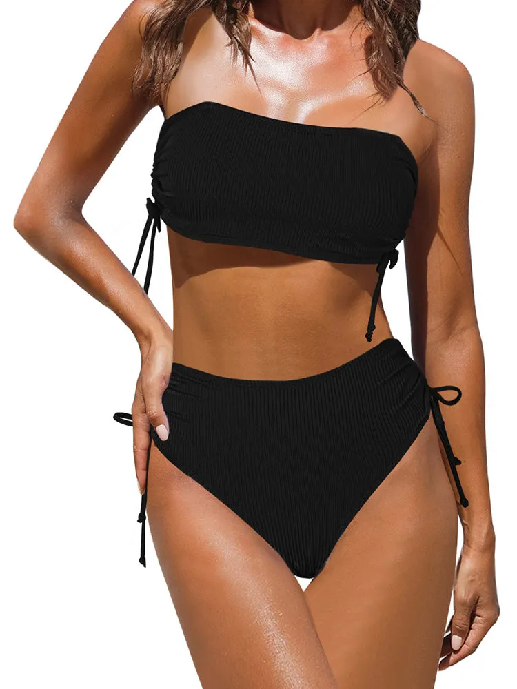 Women's 2 Piece Bikini Sets Ribbed Bandeau Ruched Drawstring Swimsuit Bathing Suit