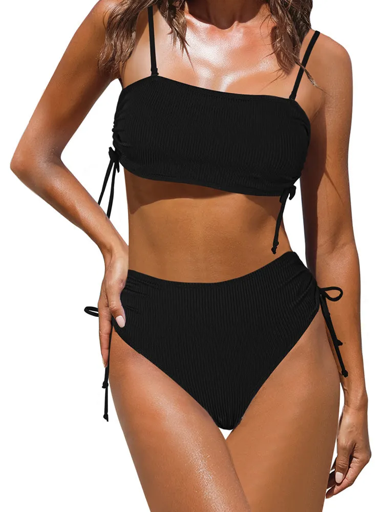 Women's 2 Piece Bikini Sets Ribbed Bandeau Ruched Drawstring Swimsuit Bathing Suit