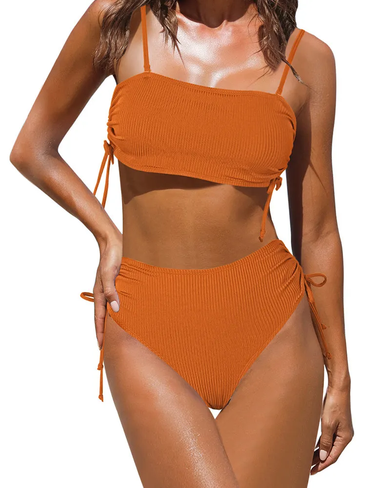 Women's 2 Piece Bikini Sets Ribbed Bandeau Ruched Drawstring Swimsuit Bathing Suit