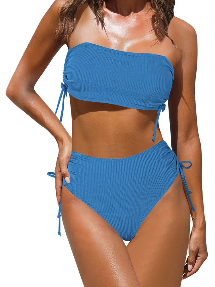 Women's 2 Piece Bikini Sets Ribbed Bandeau Ruched Drawstring Swimsuit Bathing Suit