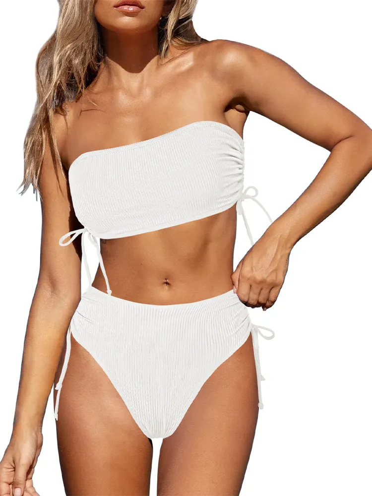 Women's 2 Piece Bikini Sets Ribbed Bandeau Ruched Drawstring Swimsuit Bathing Suit