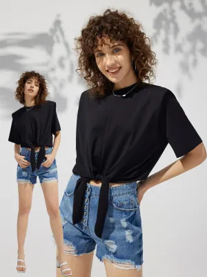 Women's Casual Tie Front Crop Tee