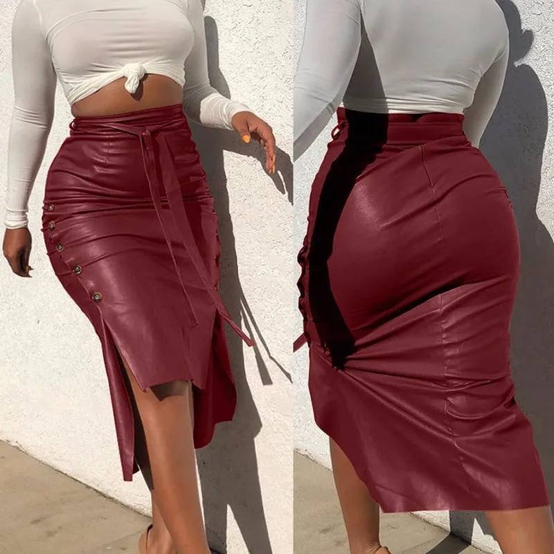 Women's Solid Color Hip Wrap Side Button Slit Leather Skirt