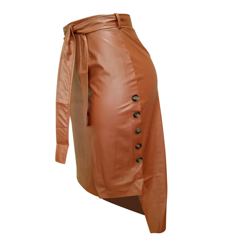 Women's Solid Color Hip Wrap Side Button Slit Leather Skirt