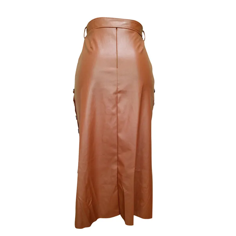 Women's Solid Color Hip Wrap Side Button Slit Leather Skirt