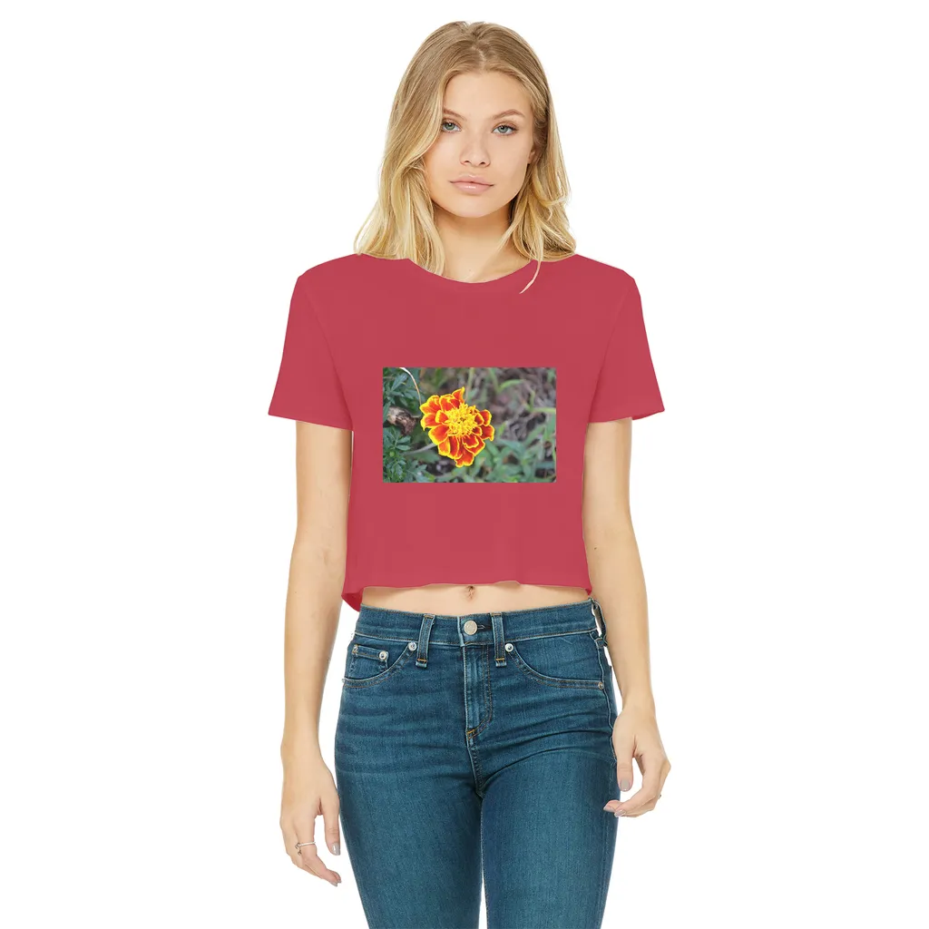 Yellow Red Flower Classic Women's Cropped Raw Edge T-Shirt