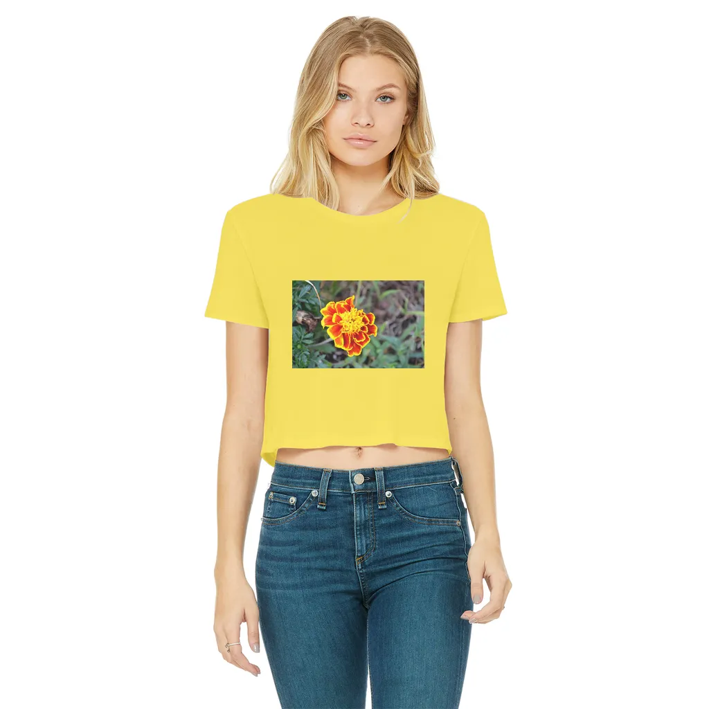 Yellow Red Flower Classic Women's Cropped Raw Edge T-Shirt