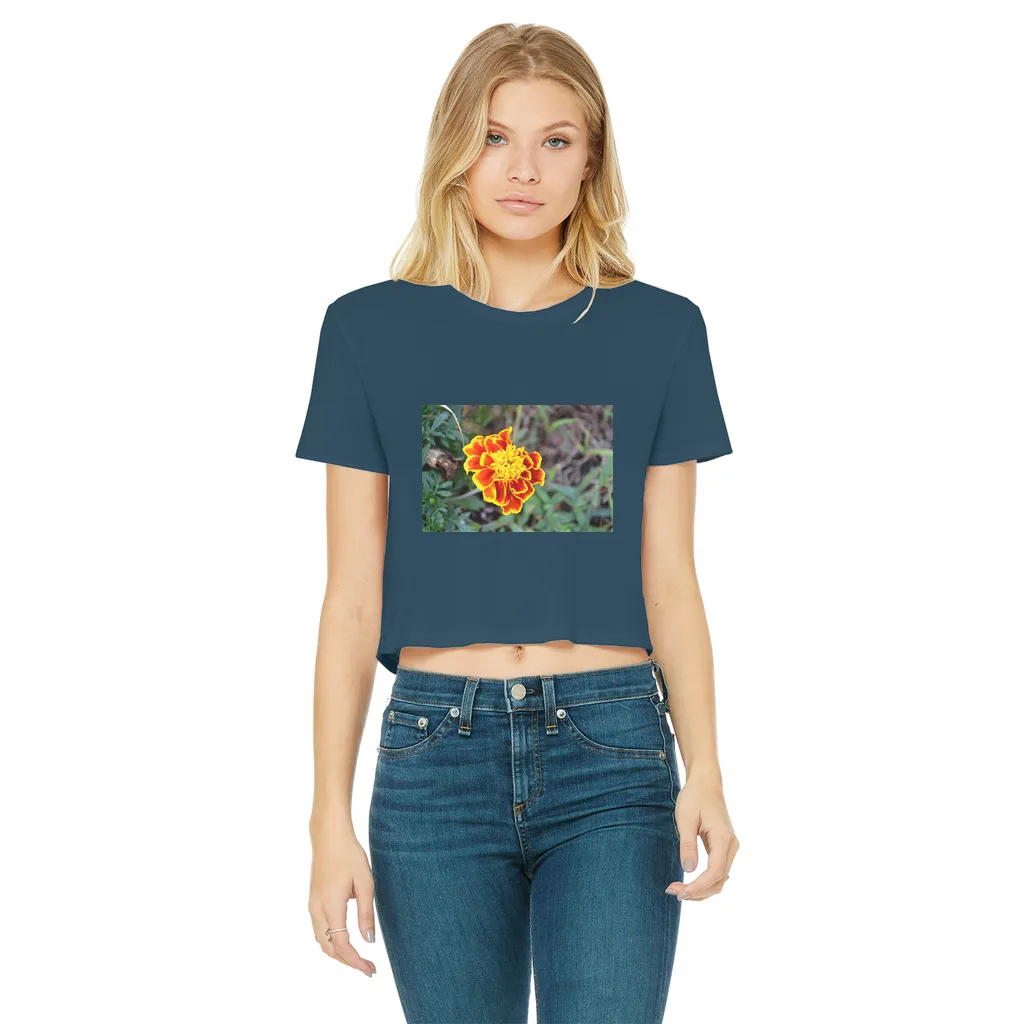 Yellow Red Flower Classic Women's Cropped Raw Edge T-Shirt