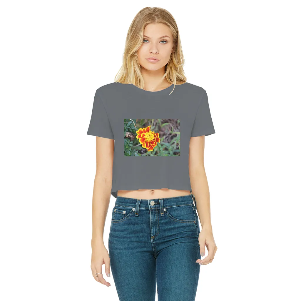 Yellow Red Flower Classic Women's Cropped Raw Edge T-Shirt