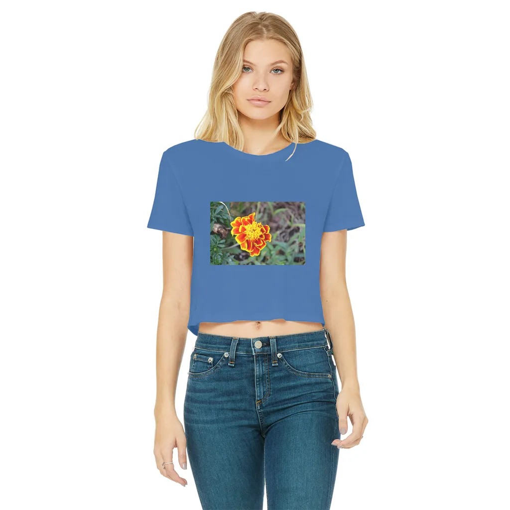 Yellow Red Flower Classic Women's Cropped Raw Edge T-Shirt