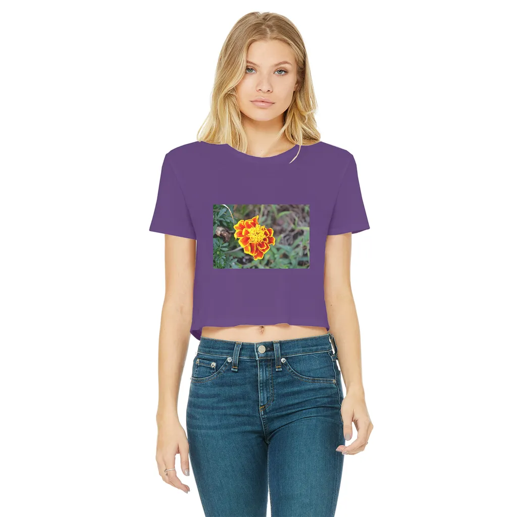 Yellow Red Flower Classic Women's Cropped Raw Edge T-Shirt