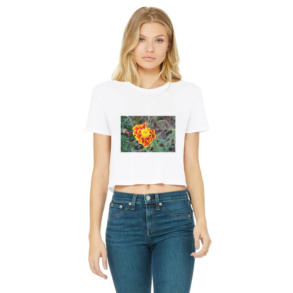 Yellow Red Flower Classic Women's Cropped Raw Edge T-Shirt